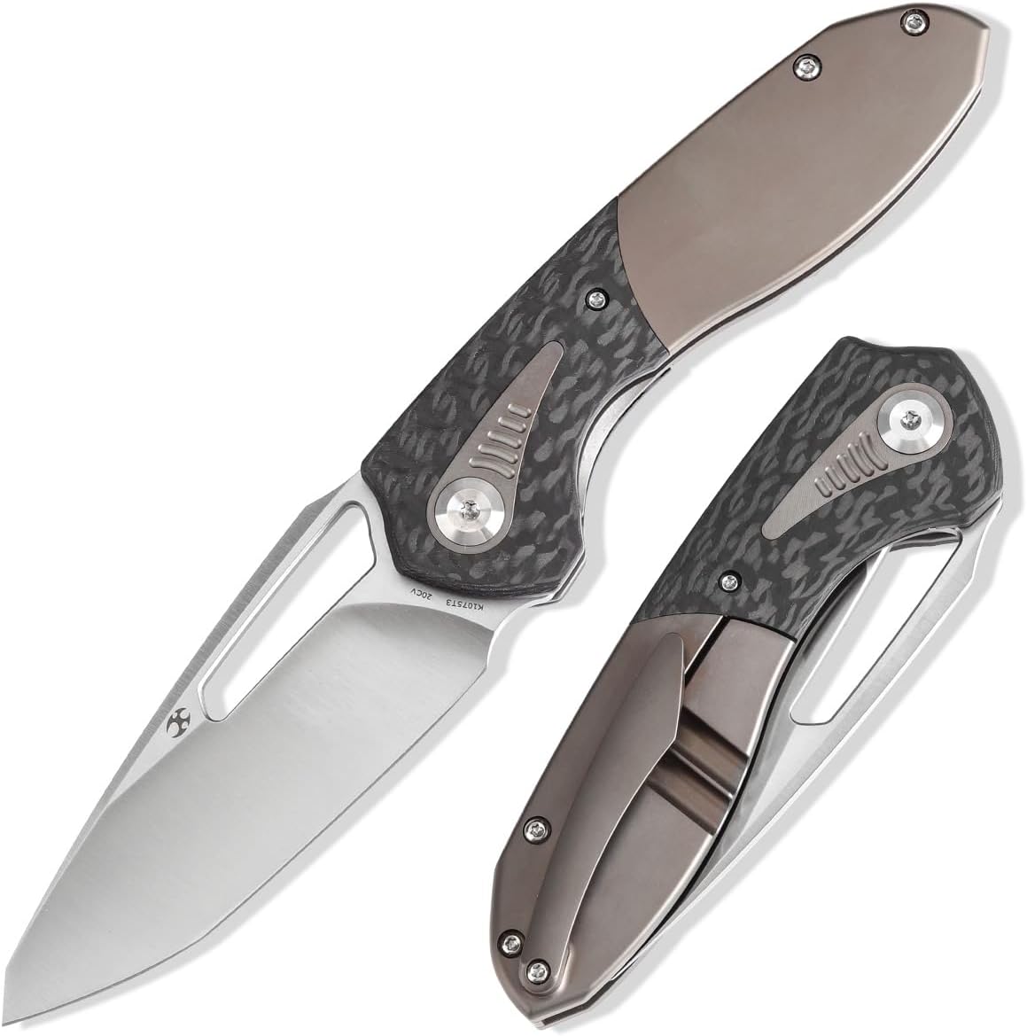 KANSEPT Thoth Camping Pocket Knives for Men 8.05in Folding Pocket Knives with 3.43in Satin CPM 20CV Material and Twill Carbon Fiber+ Titanium Handle for Outdoor, Tactical, Survival K1075T3