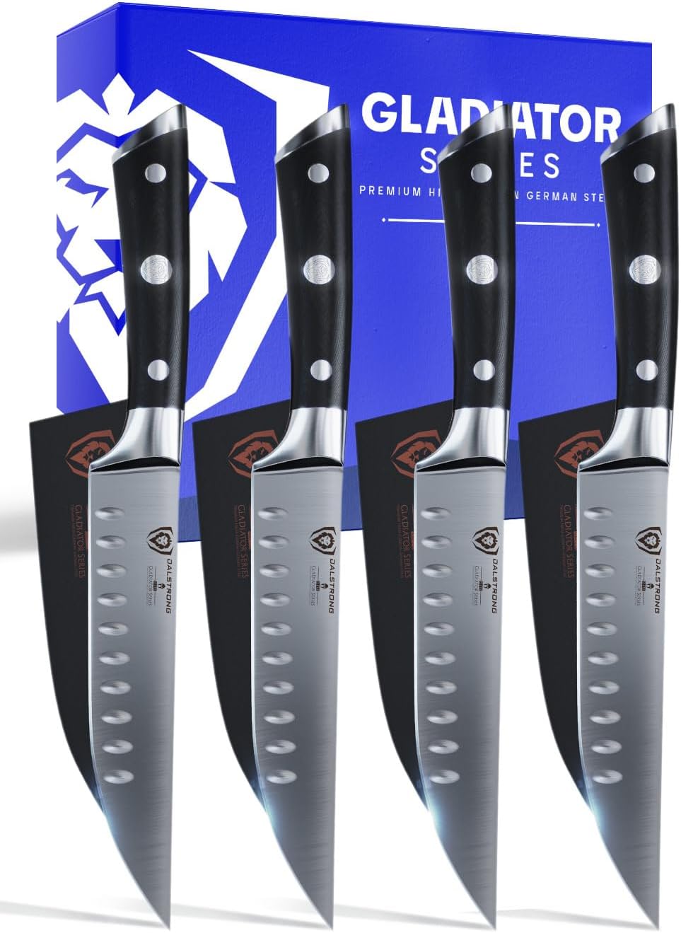 Dalstrong Non Serrated Steak Knives Set of 4-5 inch Straight Blade Steak Knife Set - Sheaths - Forged German Steel - Black G10 Handle - Gladiator Series Elite - Dinner Set - NSF Cuchillos para Carne