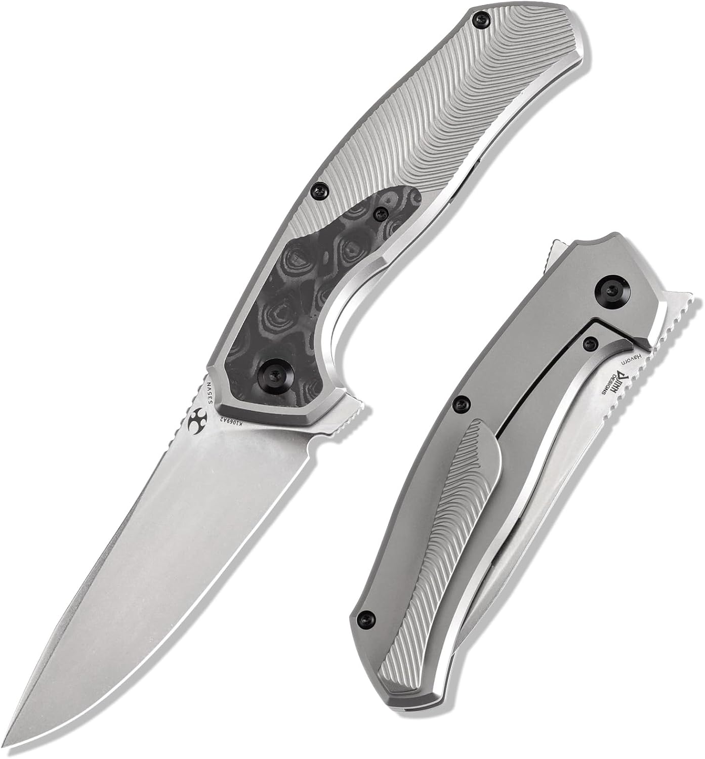 KANSEPT HAVØRN Pocket Folding Knives Camping Hiking Folding Knife 3.48'' Stonewashed CPM S35VN Blade Pocke Knife with Titanium Rose Pattern Carbon Fiber Handle Everyday Carry K1069A2