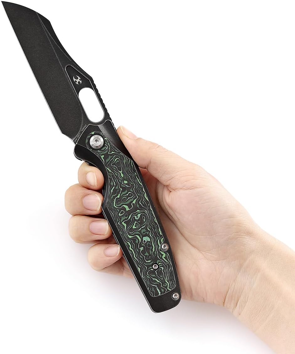 KANSEPT Tuckamore Camping Pocket Knives for Men 8.12in Folding Knives with 3.54in Stonewashed CPM 20CV Material and Titanium Green Carbon Fiber Handle for Outdoor, Tactical, Survival K1052A3