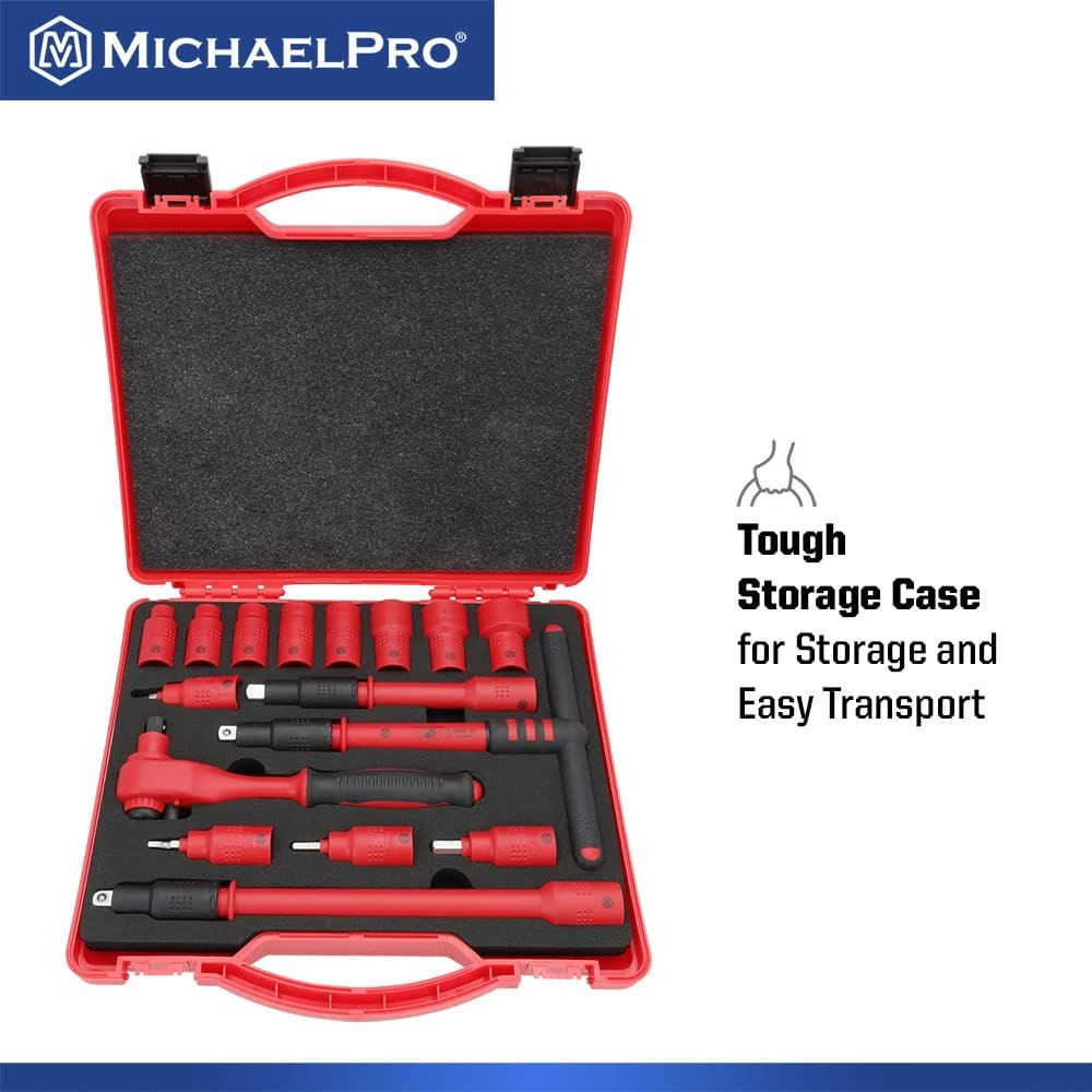 MichaelPro 16-Piece 3/8' Drive VDE Insulated Tools Set with Sockets, Bits Sockets, Wrenches, Ratchet, Electrical Tools | MP005047