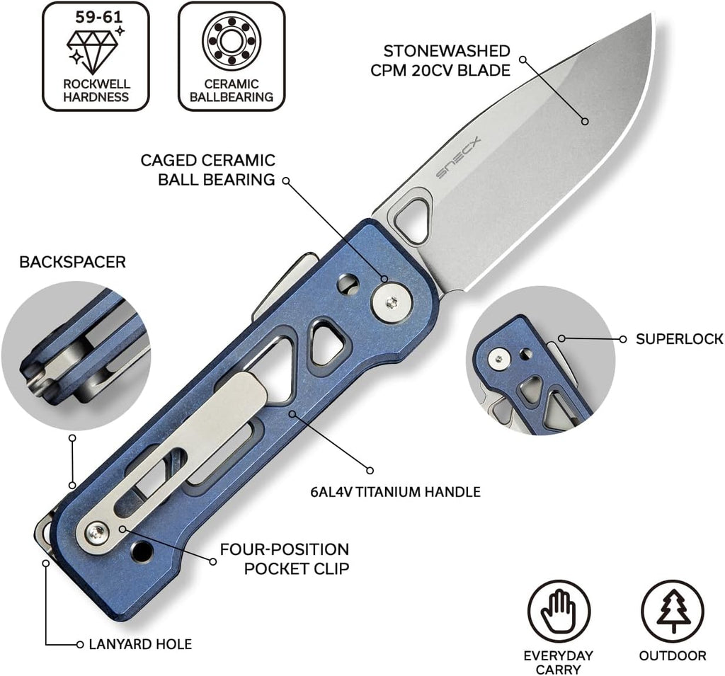 WeKnife Tyro Pocket Knife for Men, Superlock Folding Knife with 4-position Pocket Clip, 2.91' CPM 20CV Steel Blade 6AL4V Titanium Handle, Designed by Snecx Tan WE24001-4 (Blue)
