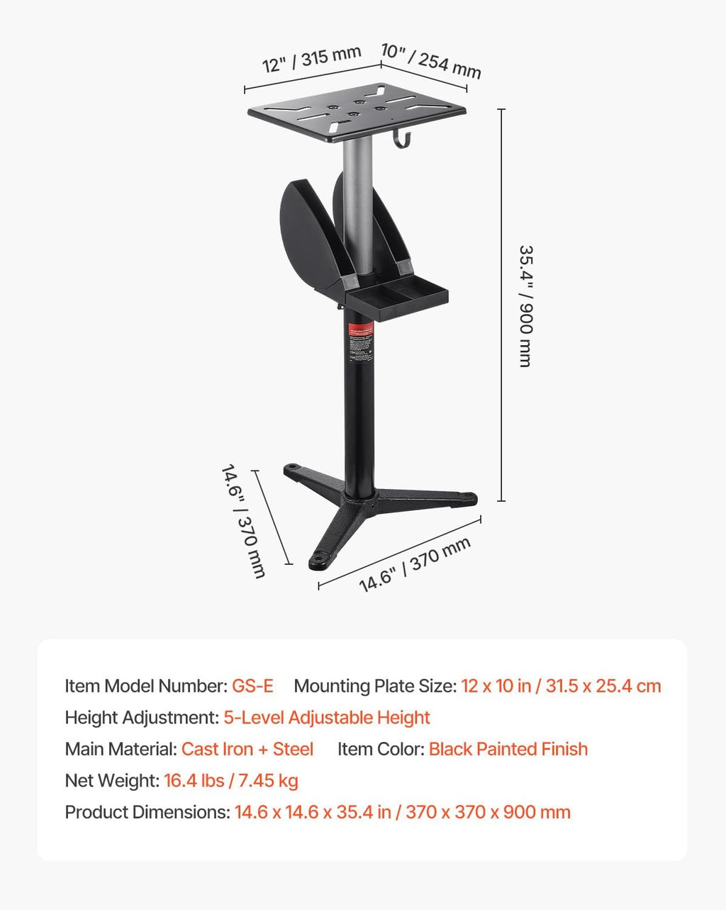 Happybuy Adjustable Bench Grinder Stand – 5-Level Height Pedestal with 12x10 Mounting Plate, Cast Iron Base & Grinding Wheel Storage Compartment