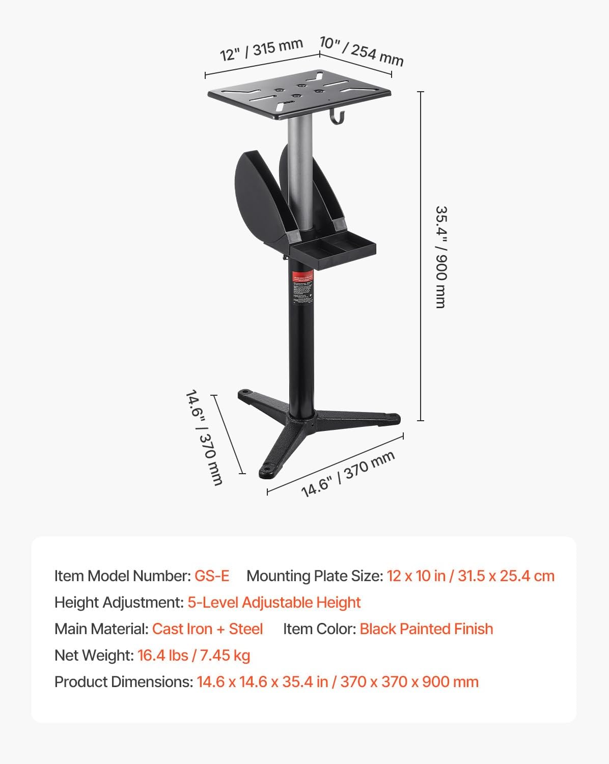 Happybuy Adjustable Bench Grinder Stand – 5-Level Height Pedestal with 12x10 Mounting Plate, Cast Iron Base & Grinding Wheel Storage Compartment