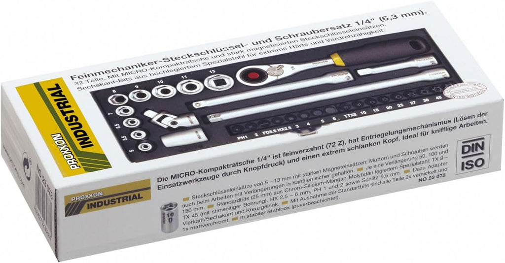 Proxxon 23078 32-Piece Fine Mechanic's Set with Micro Compact Ratchet, Steel Socket Inserts, Standard Bits, and Adaptor for 6-Inch Square and Extensions