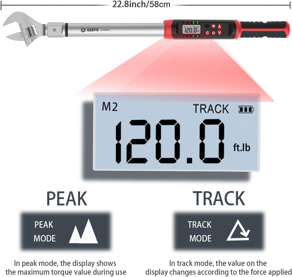 VANPO Digital HVAC Torque Wrench 7.4-147.6 ft.lb, 38mm Adjustable Jaw | 10-200 N.m, ±2% Accuracy, LED Buzzer Alert, 14x18mm Open End, Adjustable Digital Torque Wrench for Mini Split AC, Pipeline