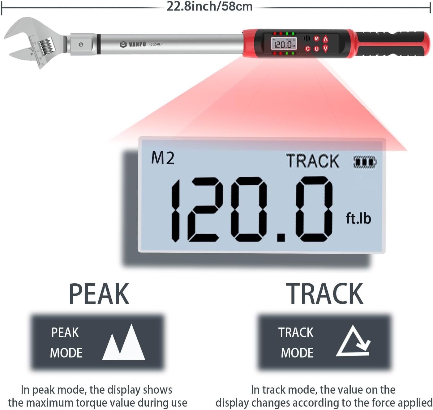 VANPO Digital HVAC Torque Wrench 7.4-147.6 ft.lb, 38mm Adjustable Jaw | 10-200 N.m, ±2% Accuracy, LED Buzzer Alert, 14x18mm Open End, Adjustable Digital Torque Wrench for Mini Split AC, Pipeline