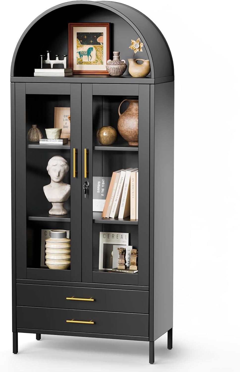Holiwei 73' Tall Arched Cabinet, Metal Kitchen Pantry with Glass Doors, Modern Display Cabinet with 2 Drawers and 2 Adjustable Shelves for Living Room
