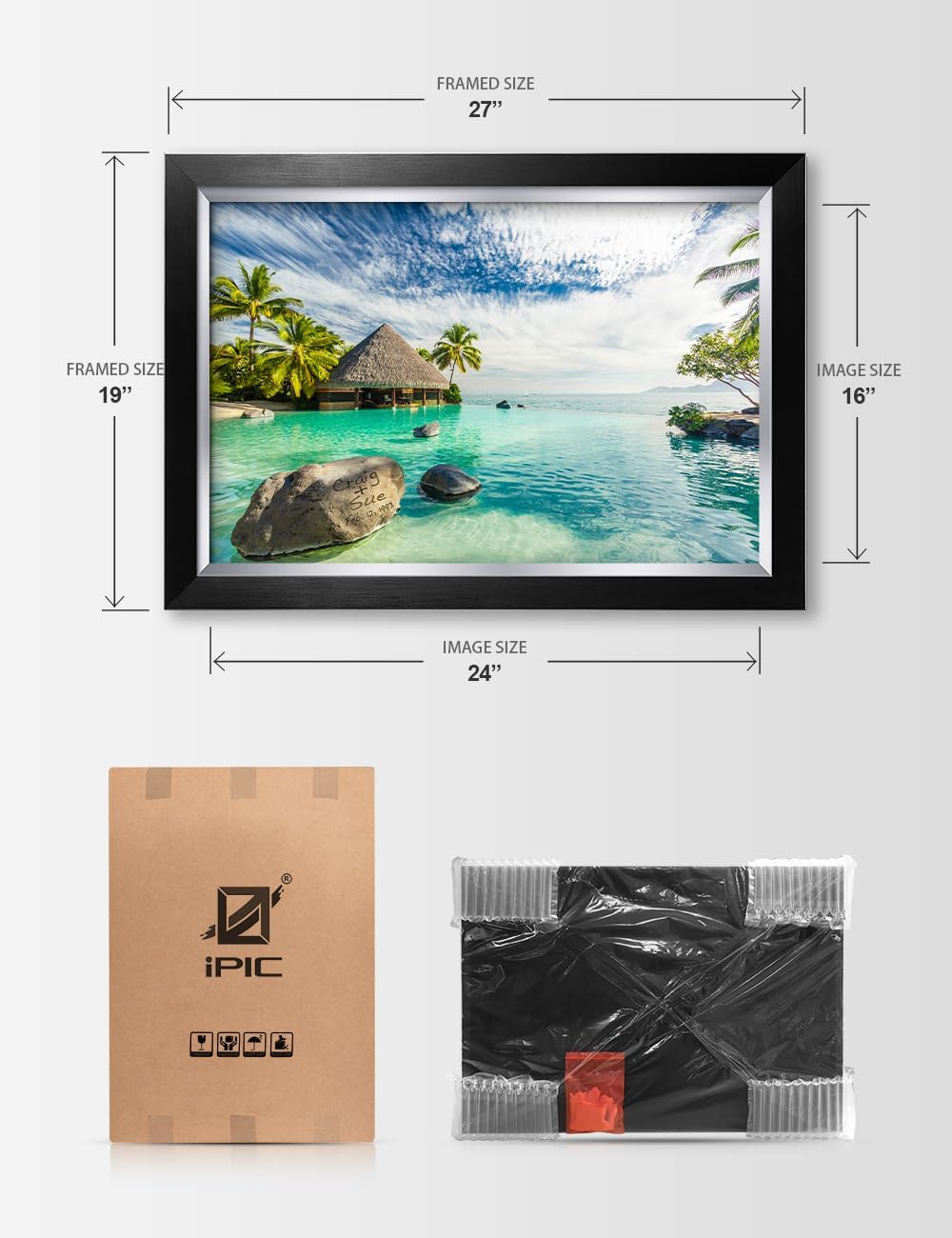 IPIC - 'Tropical Memories Personalized Framed Wall Art, Custom Beach Canvas Print with Name and Date on Rock, A Personalized Gift for Couple, Wedding, or Anniversary, Coastal Home Decor
