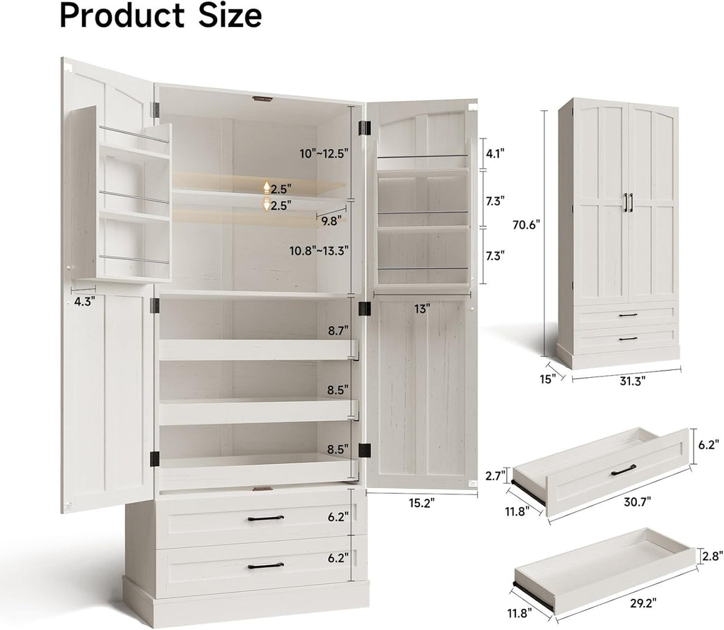 ONBRILL 71' Tall Farmhouse Kitchen Pantry Cabinet with 3 Pull Out Shelves & 2 Large Drawers, Pantry Storage Cabinet with 6 Door Shelf & Adjustable Shelf, Freestanding Cupboard for Kitchen, Dining Room