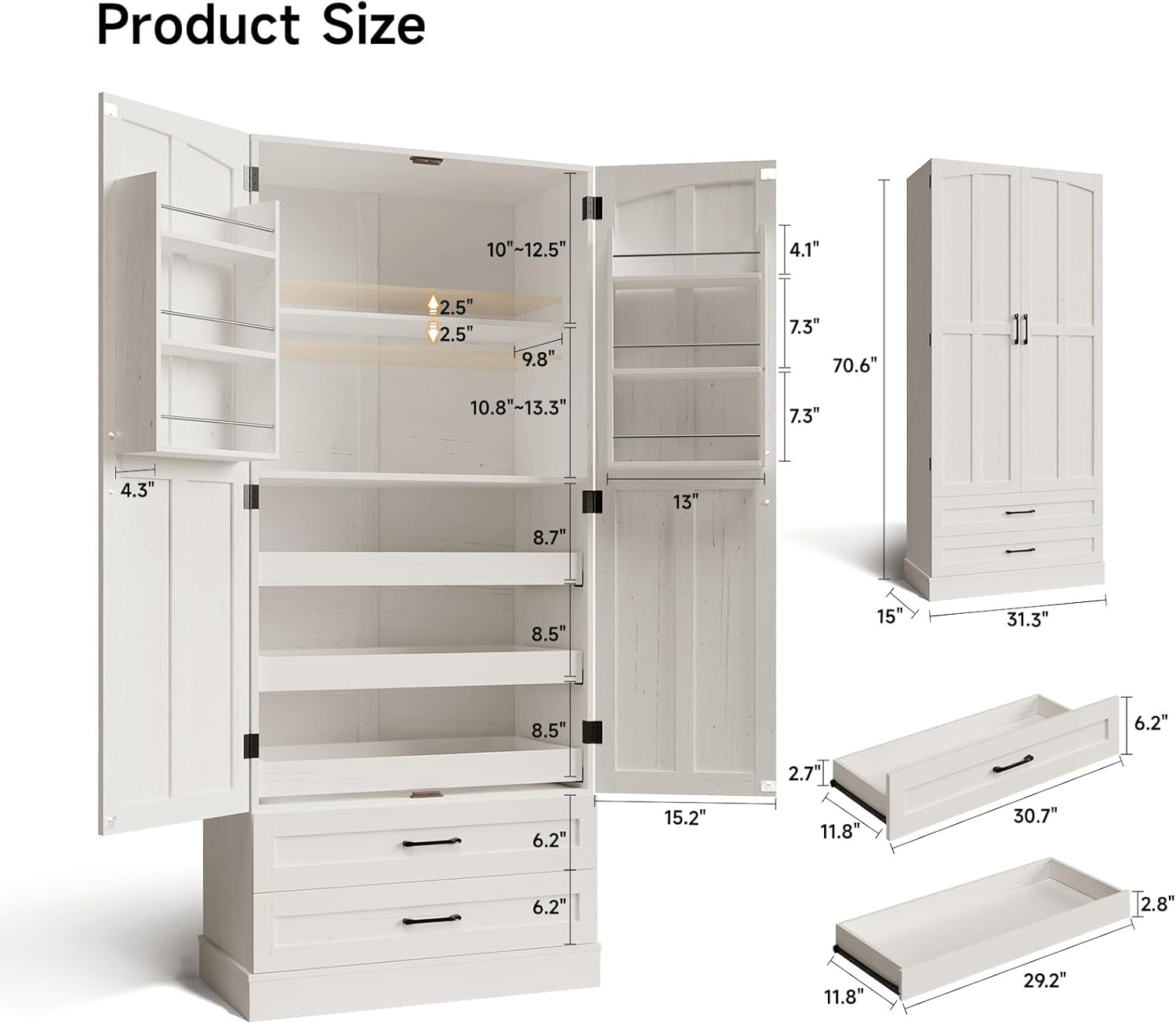 ONBRILL 71' Tall Farmhouse Kitchen Pantry Cabinet with 3 Pull Out Shelves & 2 Large Drawers, Pantry Storage Cabinet with 6 Door Shelf & Adjustable Shelf, Freestanding Cupboard for Kitchen, Dining Room