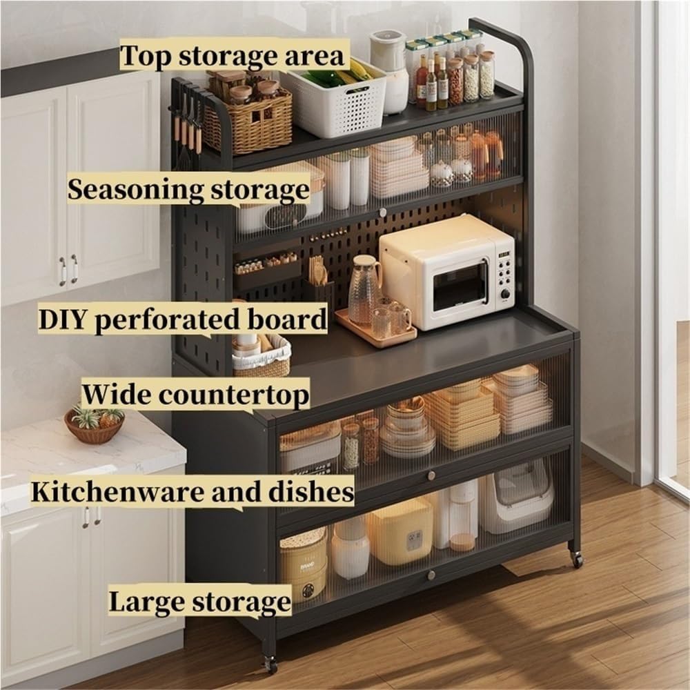 Tall Kitchen Pantry Storage Cabinet Bakers Rack with Wheels Hutch with Countertop Metal Sideboard with Acrylic Doors Creative idea(White,80 * 42 * 180cm)