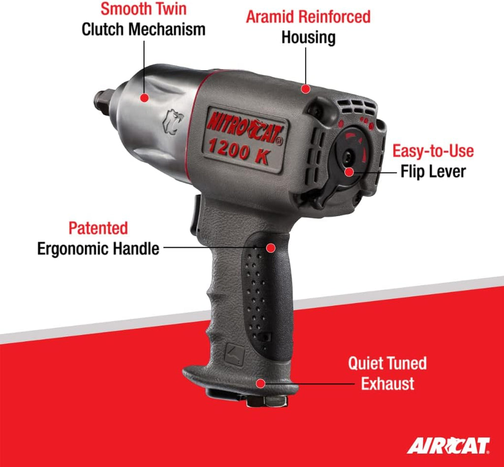 NITRO CAT 1200-K 1/2-Inch Kevlar Composite Air Impact Wrench With Twin Clutch Mechanism, grey and silver, full size