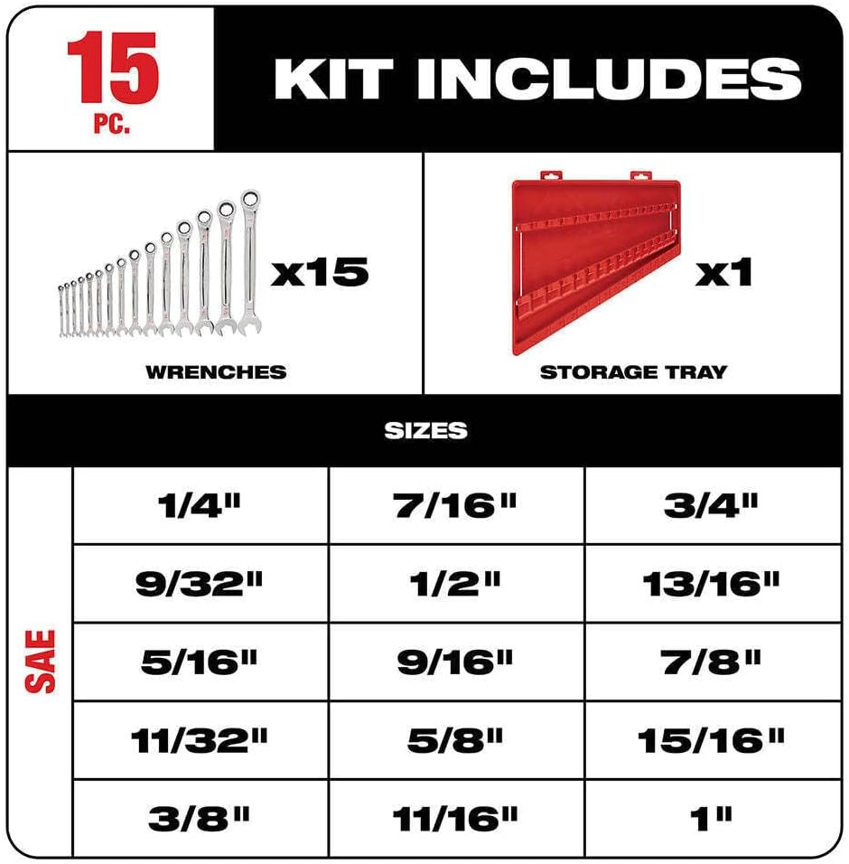 Combination Wrench, Ratchet Wrenches Set Compatible with Milwaukee 48-22-9416 Durable Ratcheting Combination Wrench Mechanics ToolSet - 15PC