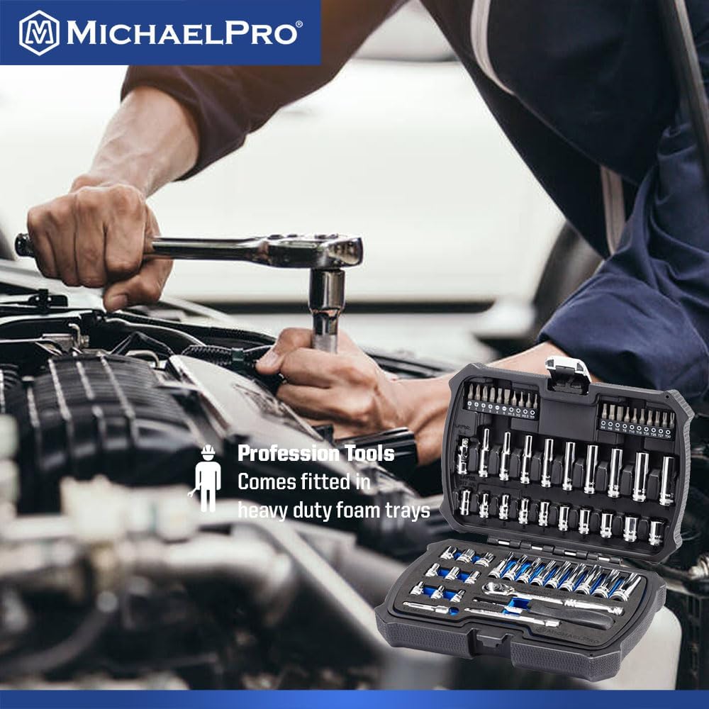 MichaelPro 62-Piece 1/4'' Dr. Socket Set, 90-Tooth Standard & Deep Sockets, SAE 3/16''-1/2'' & Metric 4-12mm, CR-V Steel, 6-Point Design, with Ratchet, Extensions, Spinner Handle, 1/4' Bits | MP005059