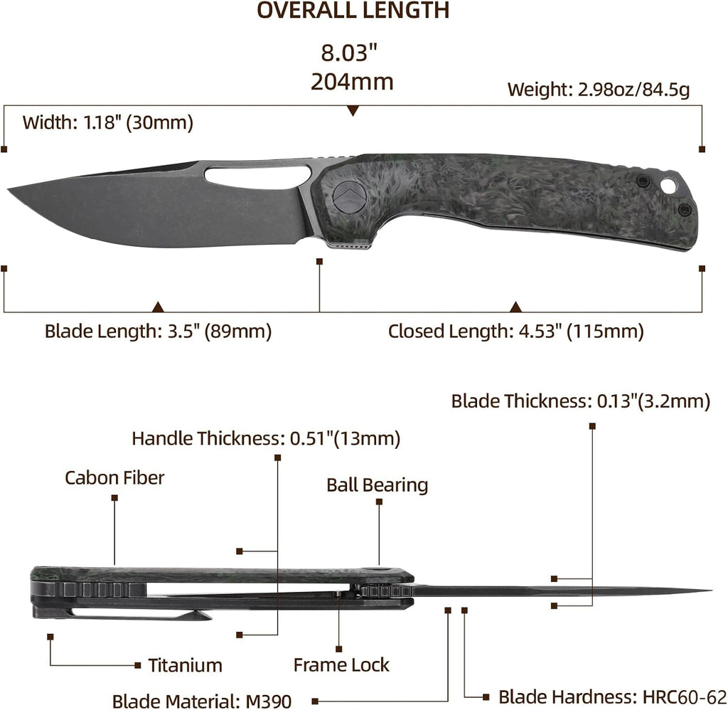 Pocket Knife, 3.5' M390 Blade Folding Knife Hunting Knife Survival Knife with Pocket Clip, EDC Knives for Hunting Camping Survival Outdoor Fishing Hiking (Black&Green)