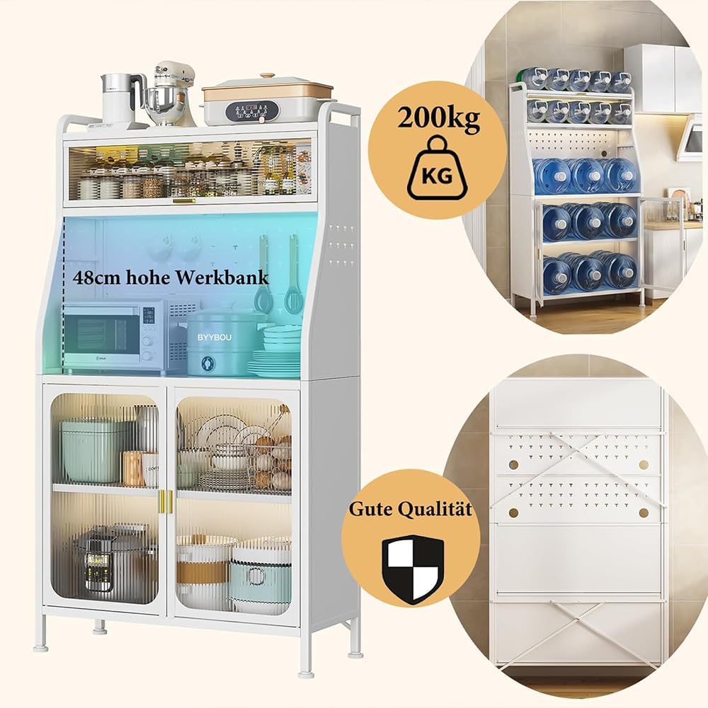 Kitchen Storage Cabinet, 5-Tier Microwave Stand, Kitchen Storage Shelf Rack, Metal Utility Storage Shelf, Standing Bakers Rack with Door Cabinet,White