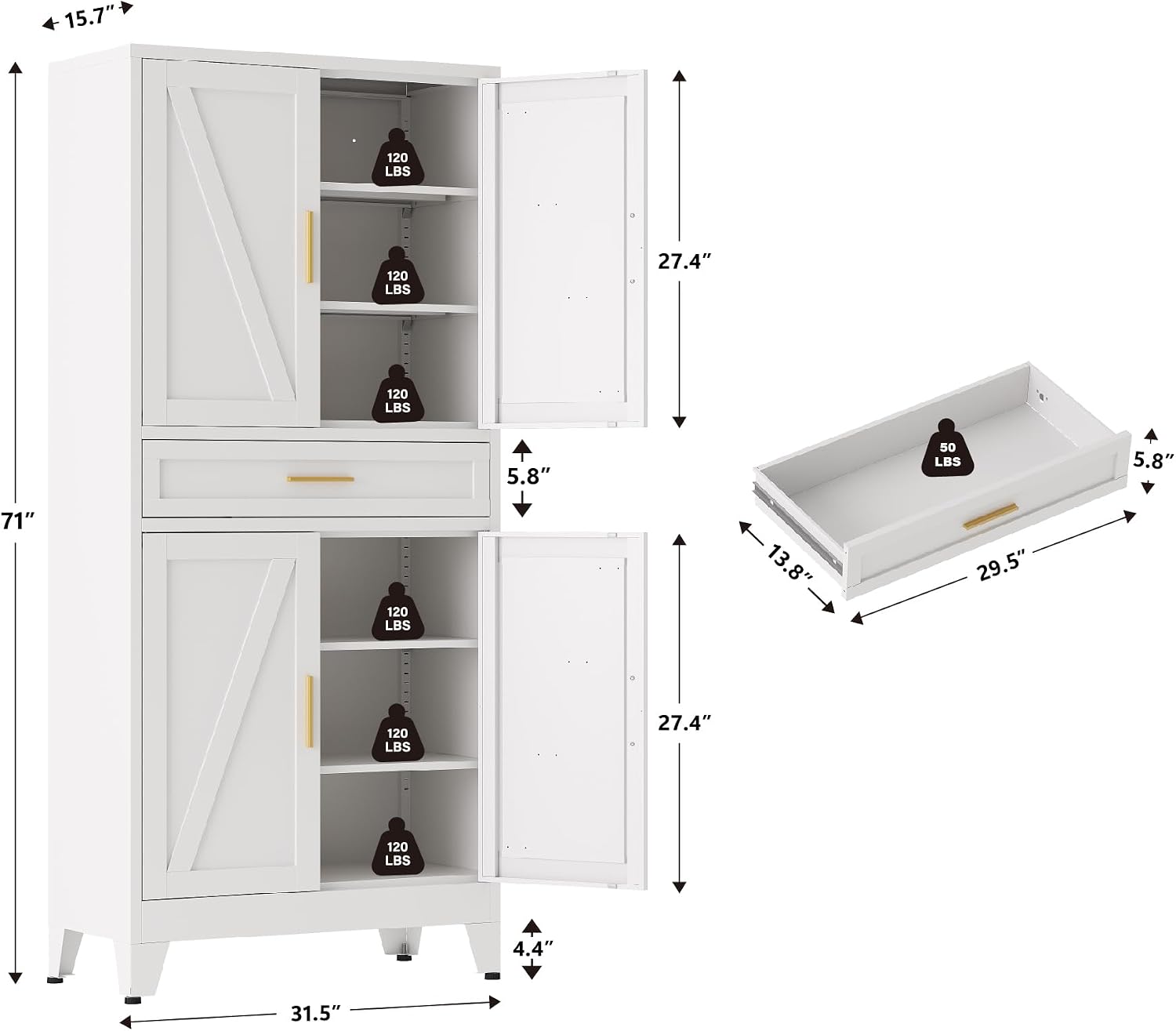 QINPTWUT 71' Farmhouse Pantry Cabinet in White, with 4 Doors & Center Drawer, Tall Food Cabinet with Adjustable Shelves, Freestanding Steel Cupboard for Kitchen, Dining Room, Pantry, Garage