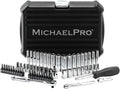MichaelPro 62-Piece 1/4'' Dr. Socket Set, 90-Tooth Standard & Deep Sockets, SAE 3/16''-1/2'' & Metric 4-12mm, CR-V Steel, 6-Point Design, with Ratchet, Extensions, Spinner Handle, 1/4' Bits | MP005059
