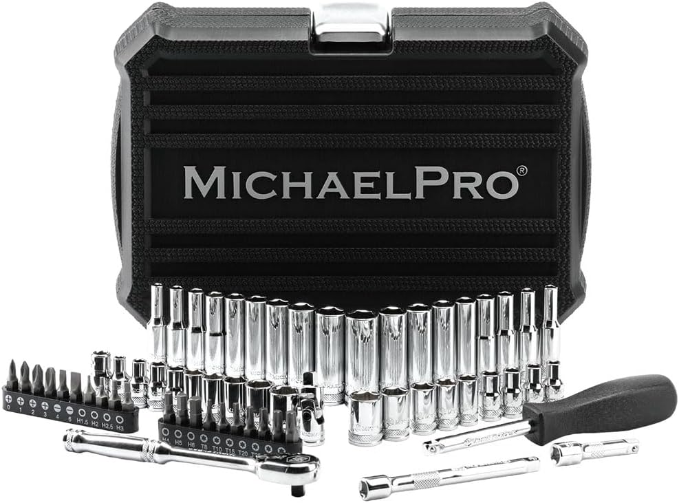 MichaelPro 62-Piece 1/4'' Dr. Socket Set, 90-Tooth Standard & Deep Sockets, SAE 3/16''-1/2'' & Metric 4-12mm, CR-V Steel, 6-Point Design, with Ratchet, Extensions, Spinner Handle, 1/4' Bits | MP005059