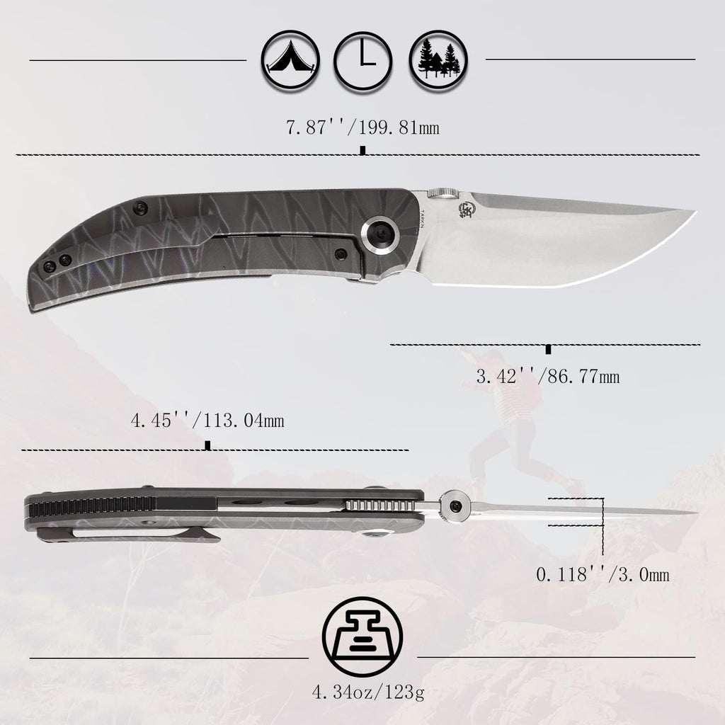 KANSEPT Tarkin Camping Pocket Knives for Men 7.87in Folding Pocket Knives with 3.42in CPM 20CV Material and Tiger Stripe Flamed Titanium with Holes Handle for Outdoor, Tactical, Survival K1078A6
