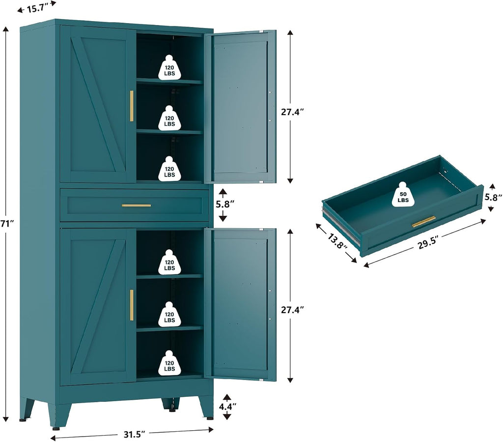 QINPTWUT 71' Farmhouse Pantry Cabinet in Blue, with 4 Doors & Center Drawer, Tall Food Cabinet with Adjustable Shelves, Freestanding Steel Cupboard for Kitchen, Dining Room, Pantry, Garage