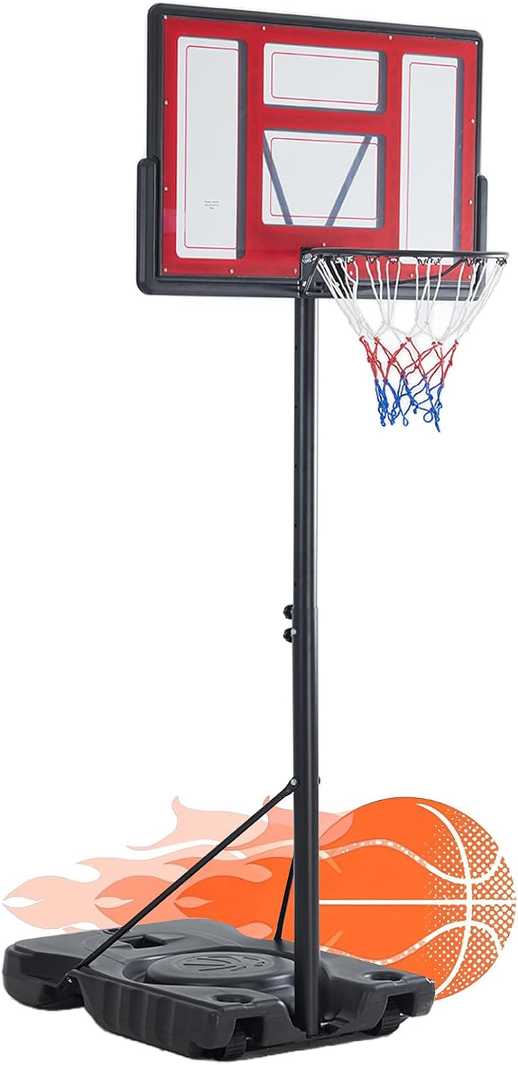 DUMOS Portable Basketball Hoop, Shatterproof Backboard & Shock Absorbent Rim, Easy Height Adjustable Outdoor Basketball Goal with Fillable Base & Wheels for Backyard/Driveway/Pool