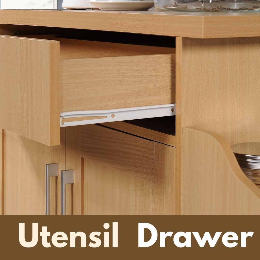 Hodedah Rolling Wood Kitchen Island Cart with Spice Rack, Towel Rack, Utensil Drawer plus Cabinet, Beech