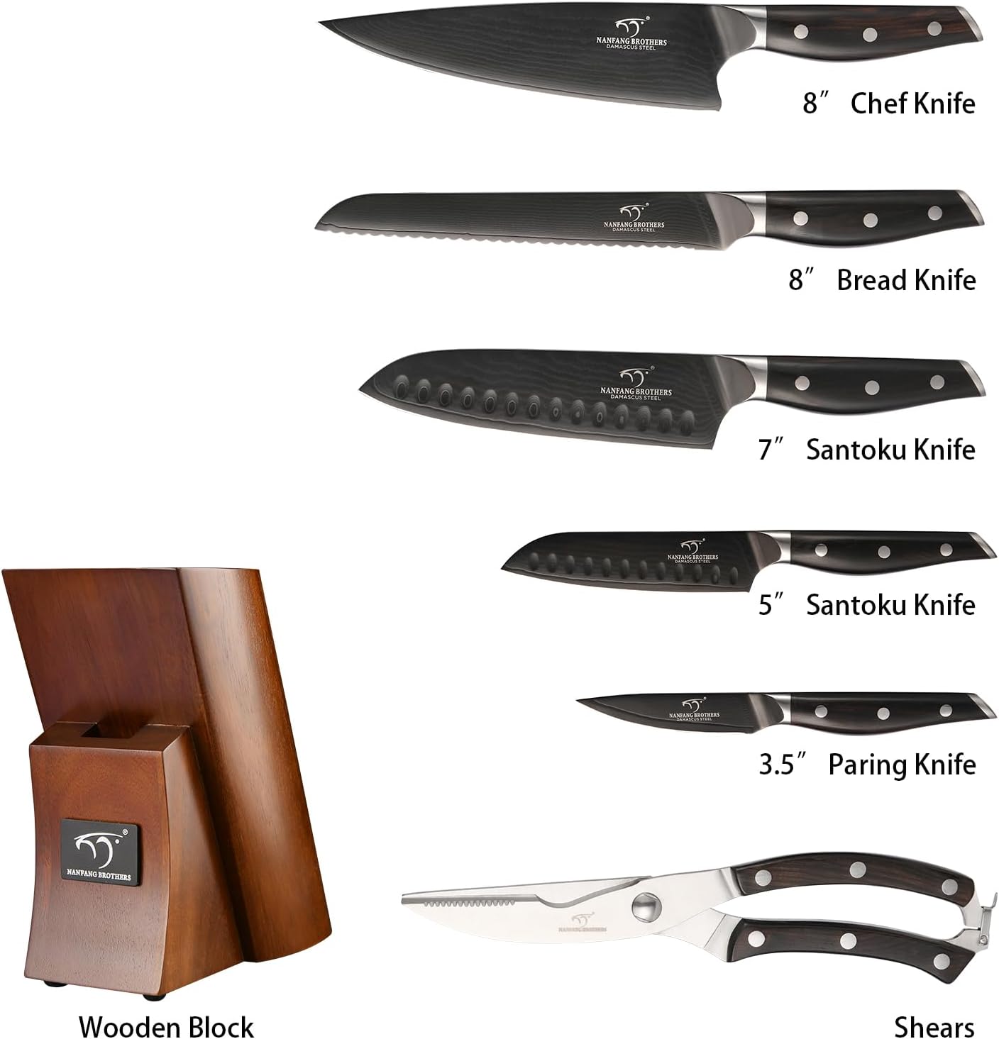 7-Piece Damascus Knife Set with VG10 Core Blades, 67-Layer Damascus Steel, Black Titanium Coated Kitchen Knives for Polished Ebony Wood Handle for a Comfortable, Ultra Sharp Chef Knife Set