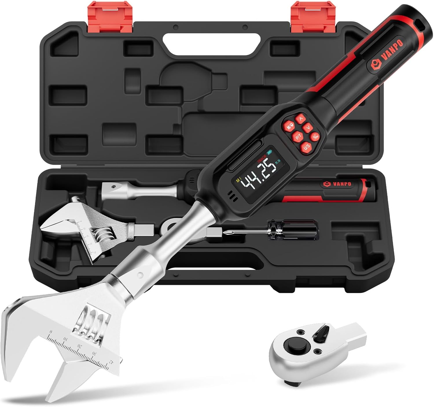 VANPO Adjustable Digital Torque Wrench, 2.2-44.3 Ft.lb/3-60Nm, ±2% Accuracy, HVAC Torque Wrench with Interchangeable 42mm Jaw & 3/8' Ratchet Head, Buzzer and LED Alert for Split AC, Moto