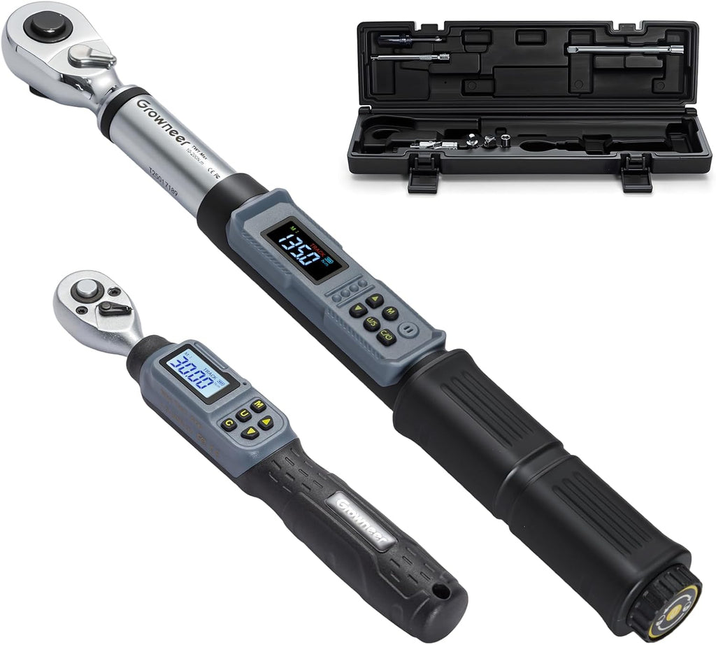 GROWNEER Digital Torque Wrench Set, 1/4' Drive 1.1-22.1 Ft-lbs/1.5-30Nm & 1/2'' Drive 7.38-147.5 Ft-lbs/10-200Nm Electronic Torque Wrench Combo with Buzzer & LED Indicator for Motor Car Repair