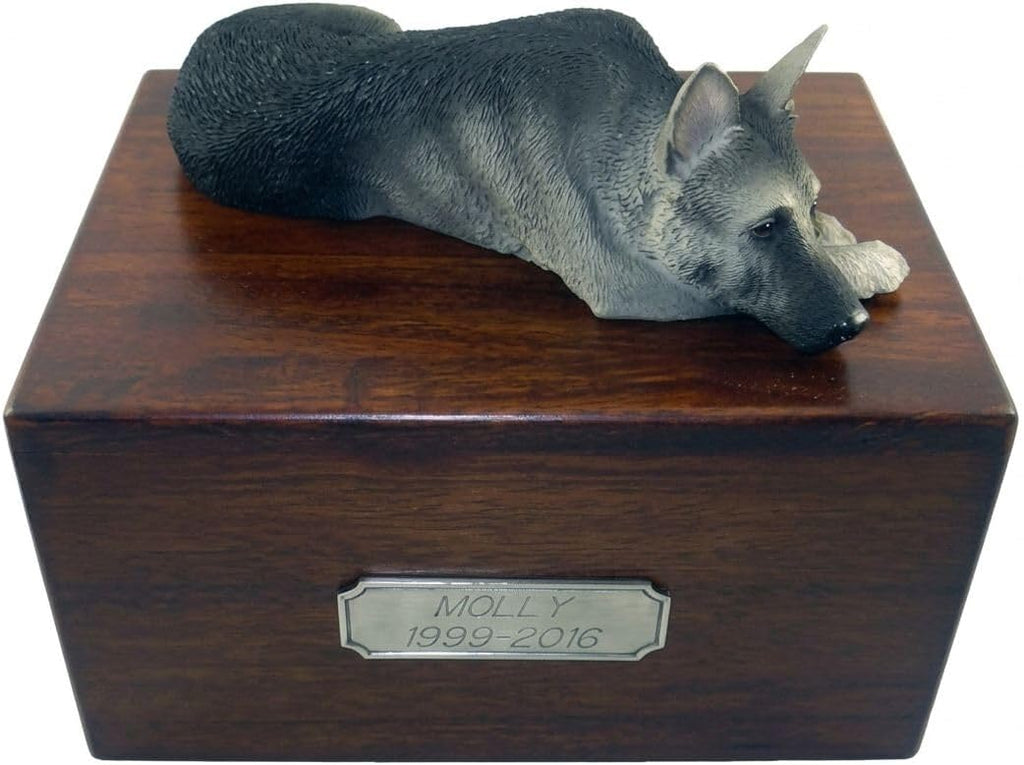 Wooden Pet Urns for Dogs with Black & Silver German Shepherd My Dog Figurine | Large Dog Urn for Ashes | Paulownia Wood Pet Memorial Box with Personalized Pewter Engraving | Conversation Concepts