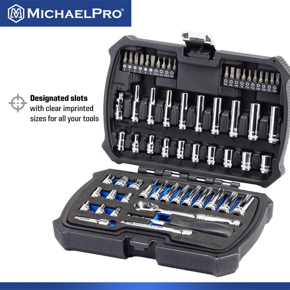 MichaelPro 62-Piece 1/4'' Dr. Socket Set, 90-Tooth Standard & Deep Sockets, SAE 3/16''-1/2'' & Metric 4-12mm, CR-V Steel, 6-Point Design, with Ratchet, Extensions, Spinner Handle, 1/4' Bits | MP005059