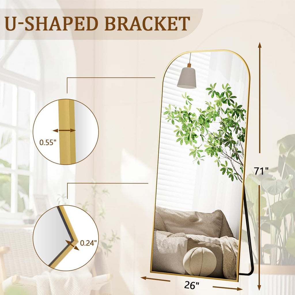 Koonmi Full Length Mirror, 71'x26' Mirror Full Length with Stand, Gold Domed Top Square-Edged Floor Mirror with Aluminum Alloy Frame for Bedroom Living Room
