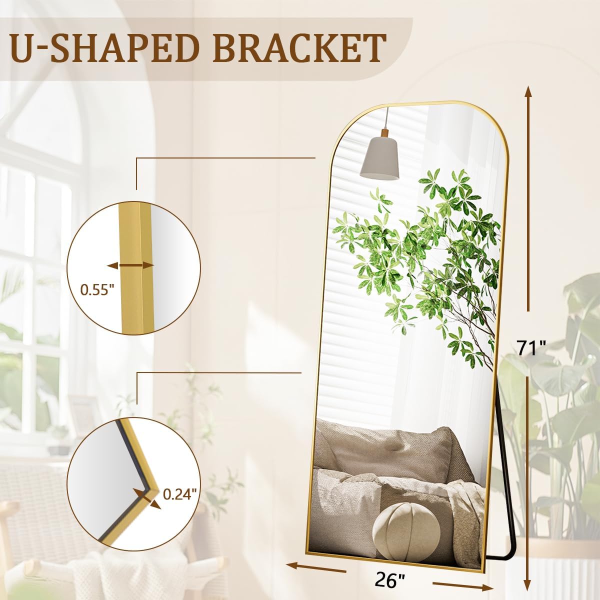 Koonmi Full Length Mirror, 71'x26' Mirror Full Length with Stand, Gold Domed Top Square-Edged Floor Mirror with Aluminum Alloy Frame for Bedroom Living Room