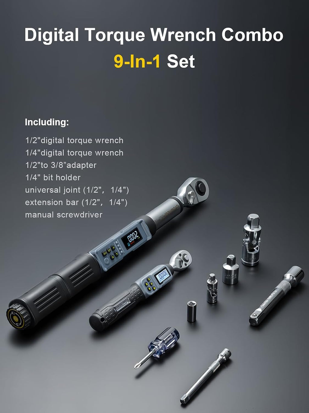 GROWNEER Digital Torque Wrench Set, 1/4' Drive 1.1-22.1 Ft-lbs/1.5-30Nm & 1/2'' Drive 7.38-147.5 Ft-lbs/10-200Nm Electronic Torque Wrench Combo with Buzzer & LED Indicator for Motor Car Repair