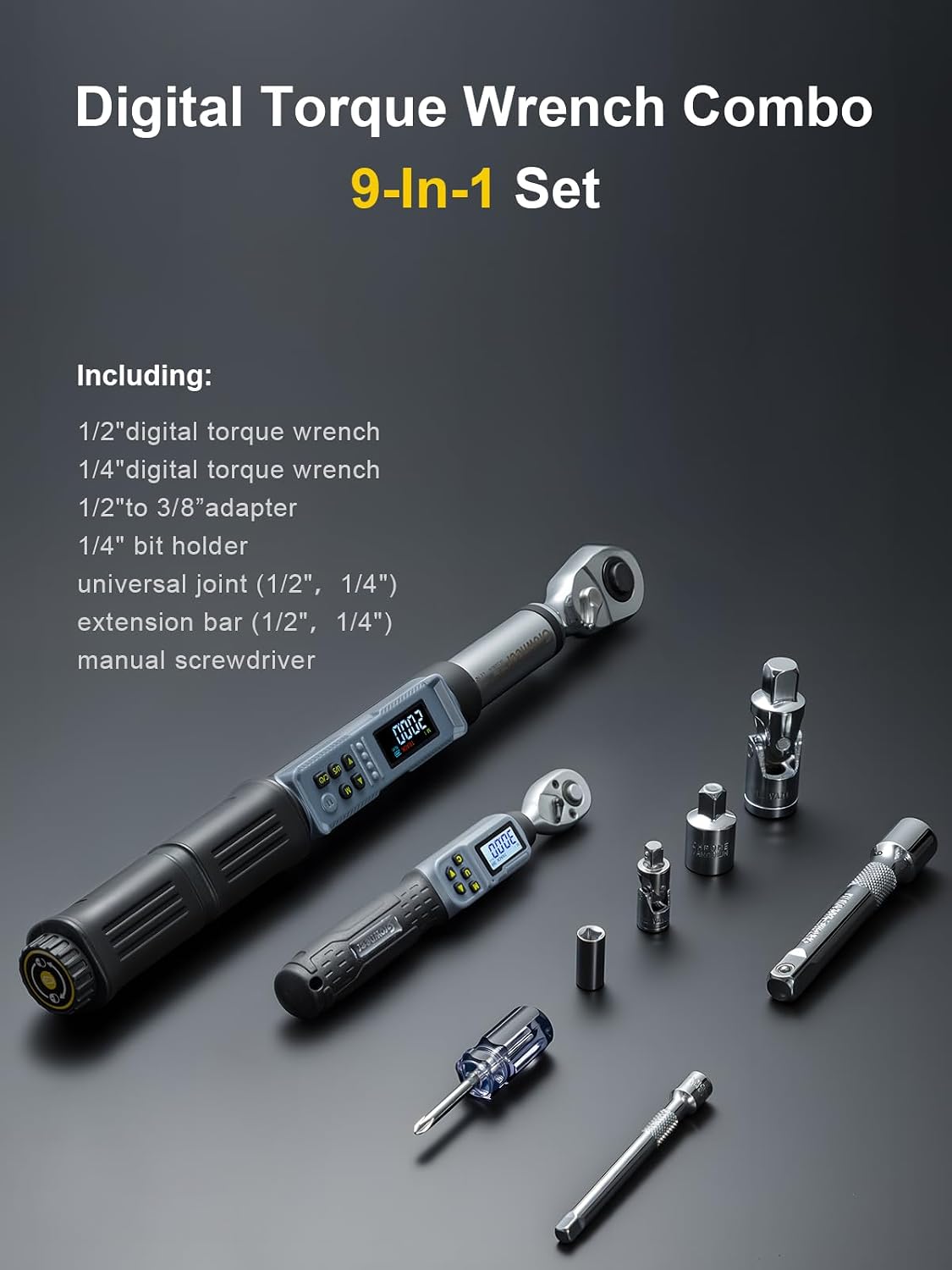 GROWNEER Digital Torque Wrench Set, 1/4' Drive 1.1-22.1 Ft-lbs/1.5-30Nm & 1/2'' Drive 7.38-147.5 Ft-lbs/10-200Nm Electronic Torque Wrench Combo with Buzzer & LED Indicator for Motor Car Repair