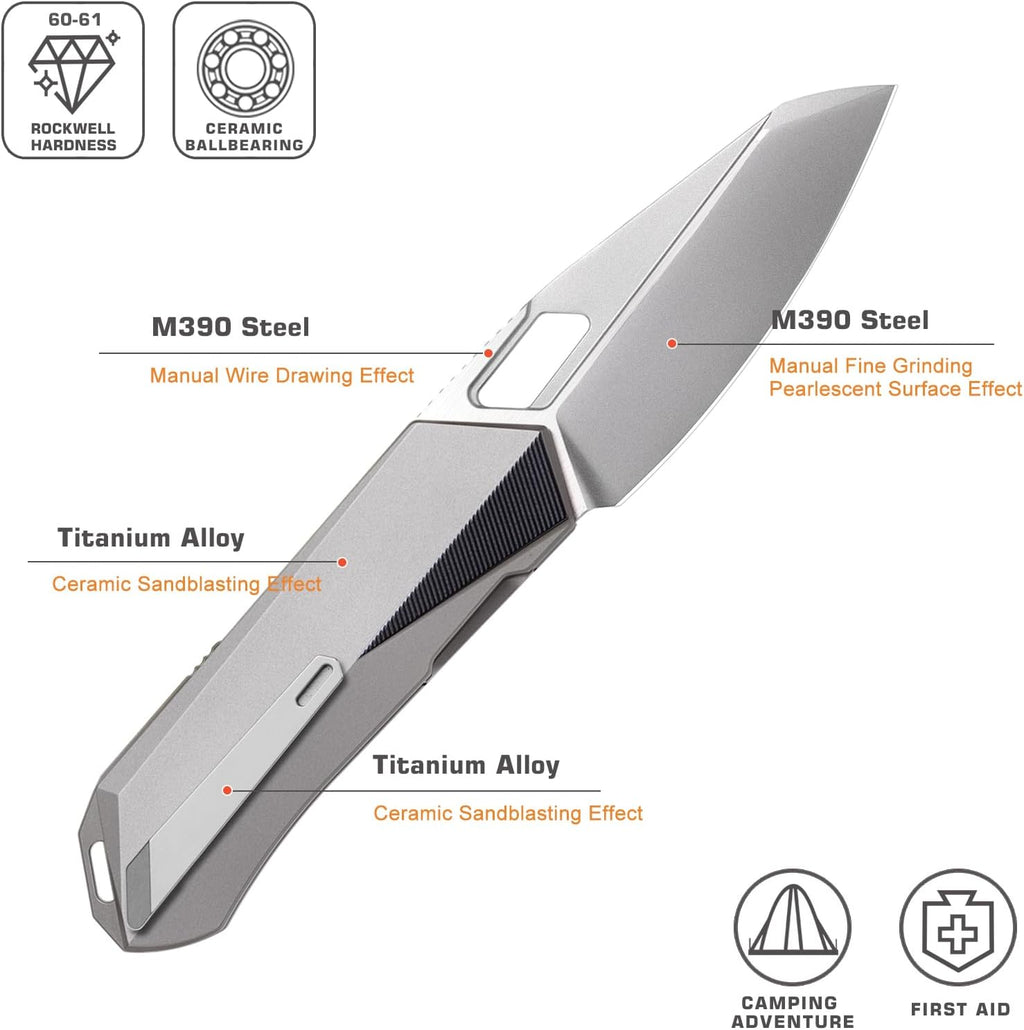 REMETTE RT-Woodpecker Folding Pocket Knife M390 Blade Titanium Handle (Silver)
