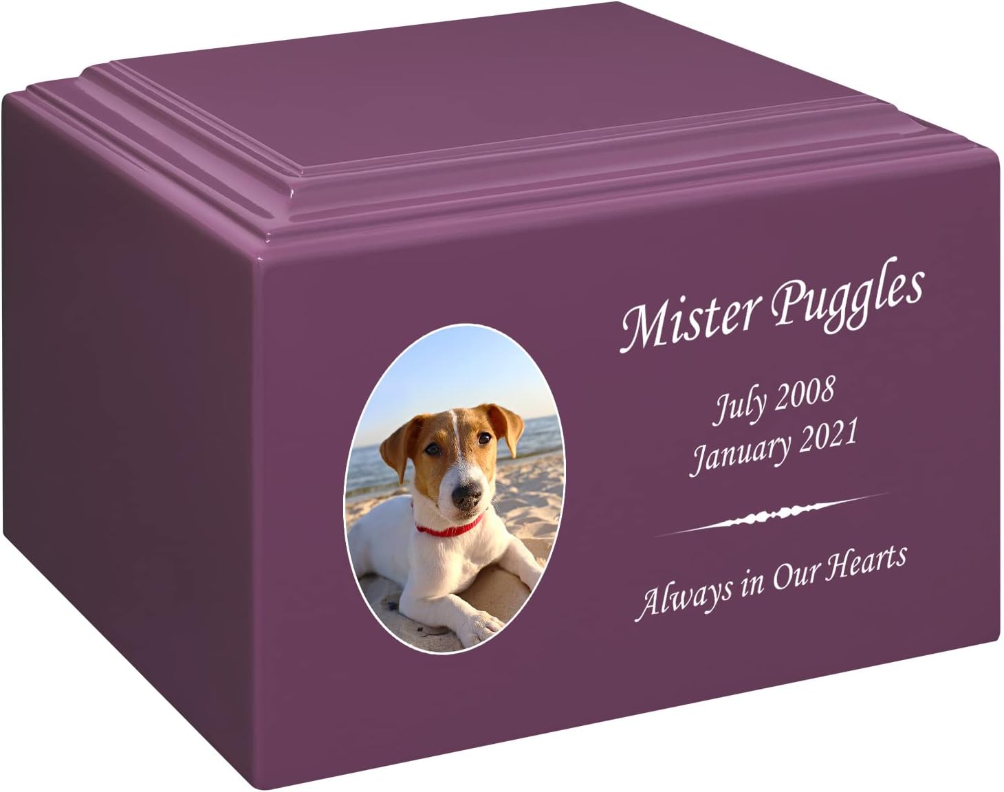Mainely Urns Stonewood Medium Custom Pet Photo Cremation Urn for Pet Ashes - Engineered Wood Cremation Urn for Dog Ashes or Cat Ashes - 110 Cubic Inch Capacity - Customization Included (Amethyst)