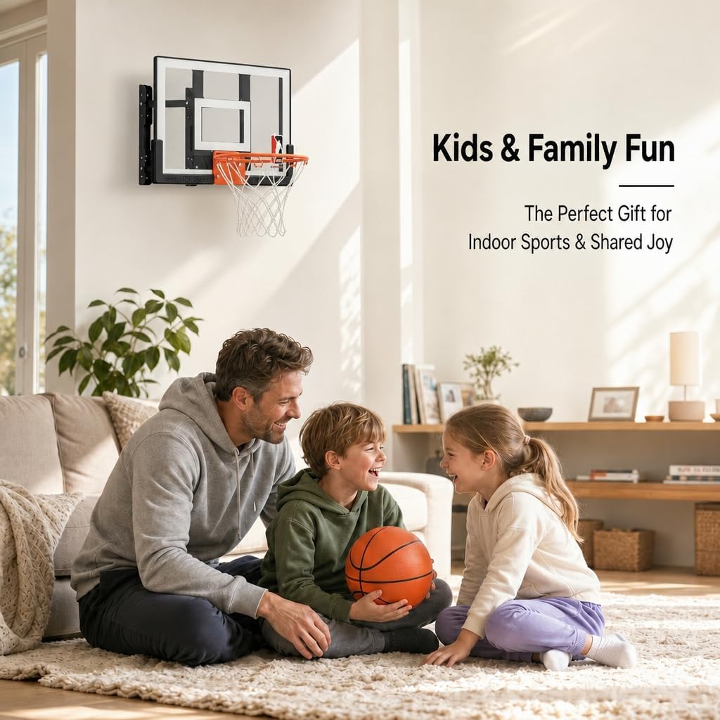 Efficraft Mini Basketball Hoop, Adjustable Indoor Wall Mount, Silent Ball | 7 Level Adjustable Height, Quiet&Bounce Dual Ball Set, Shatter Resistant pc Backboard, Spring Metal Rim, Metal Bracket