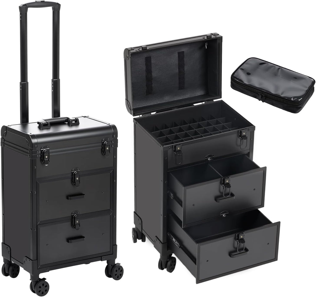 3 in 1 Rolling Makeup Case, Professional Cosmetology Case on Wheels with 2 Drawers, Ideal Gift for Hairstylist, Nail Techs, 3 Tiers Portable Beauty Organizer Case for Travel or Salon Use, Black
