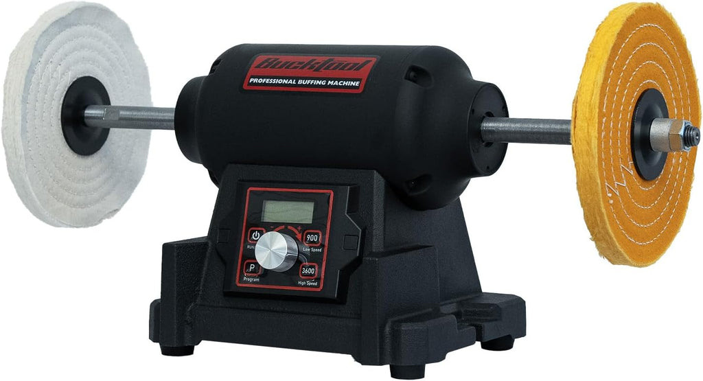 BUCKTOOL 1HP VFD Motor 8-Inch Variable Speed Bench Buffer Polisher, 900-3600 RPM One Button Speed Setting Powerful Benchtop Polisher, Extended Polishing Shaft for Jewelry, Metal Power Bench Grinders