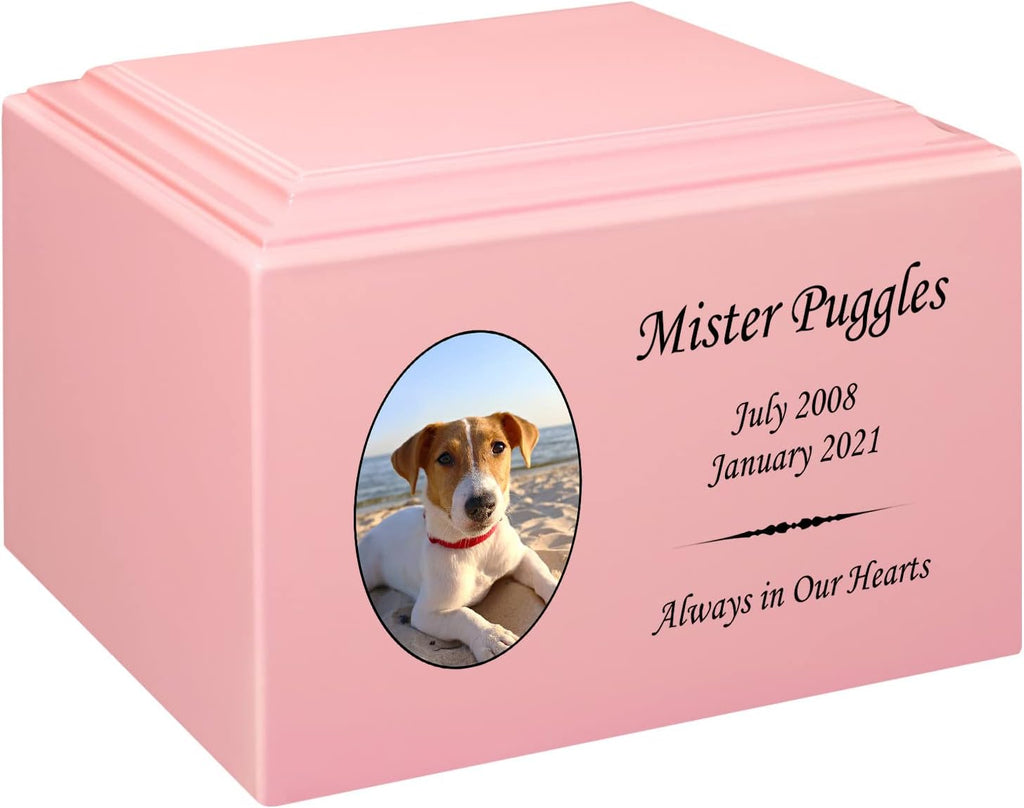 Mainely Urns Stonewood Medium Custom Pet Photo Cremation Urn for Pet Ashes - Engineered Wood Cremation Urn for Dog Ashes or Cat Ashes - 110 Cubic Inch Capacity - Customization Included (Pink)