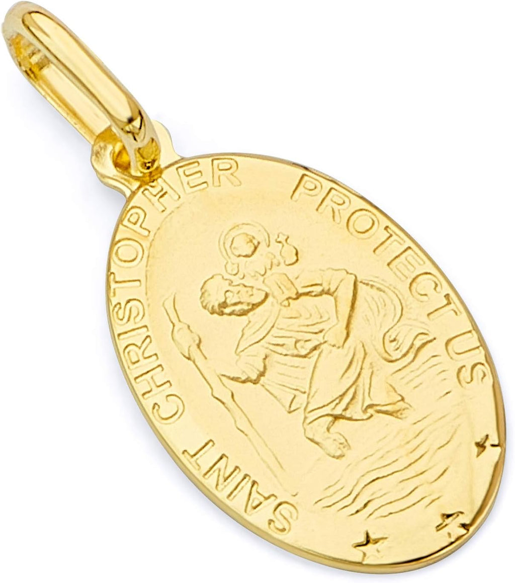 The World Jewelry Center 14k Yellow Gold Religious Saint Christopher Medal Pendant with 1.5mm Flat Open Wheat Chain Necklace