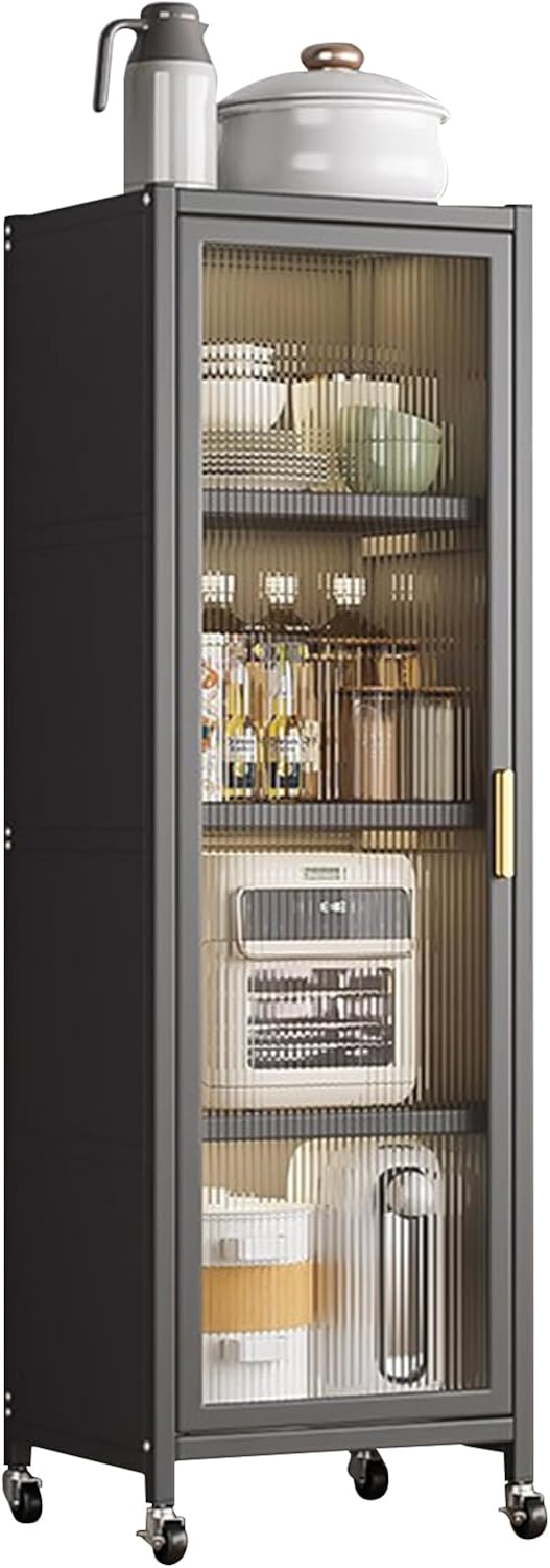 Free Standing Kitchen Bakers Rack, 3/4 Tier Microwave Stand with Transparent Door, Movable Pantry Storage Cabinet, Dining Room Living Room Shelves(L 17.7' x W 15.7' x H 59', Black-4 Tier)
