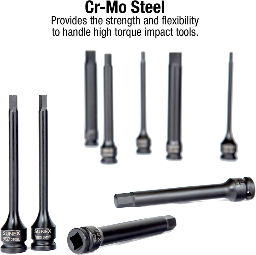 Sunex 2637L, ½' Drive, 6' Long Master Impact Hex Driver Set & Sunex 3646, 3/8 Inch Drive Low Profile Impact Hex Driver Set, 16-Piece, SAE/Metric, 1/4 Inch - 3/4 Inch, 6mm - 19mm