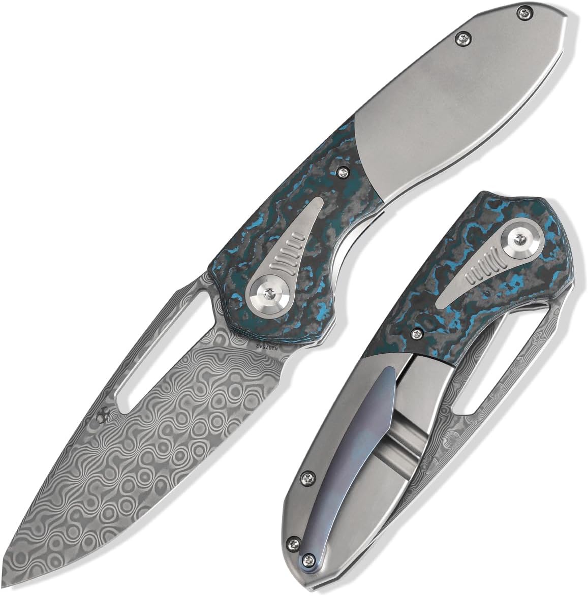 KANSEPT Thoth Camping Pocket Knives for Men 8.05in Folding Pocket Knives with 3.43in Damascus Material and Bead Blasted Titanium + Arctic Storm Fatcarbon Handle for Outdoor,Tactical,Survival K1075A2