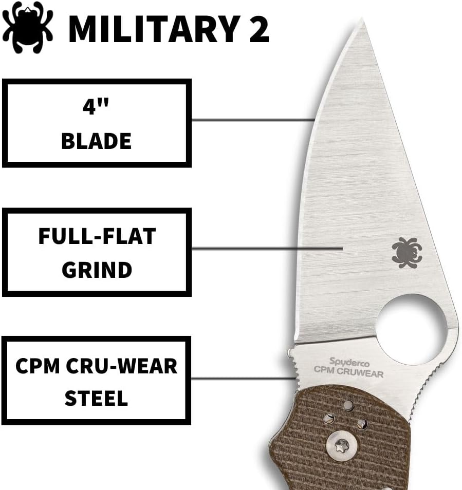 Spyderco Military 2 Folding Pocket Knife with 4' CPM Cru-Wear Steel Blade and Micarta Handle - EDC Knife for Men and Women, Perfect for Hunting, Tactical, Camping, Survival - PlainEdge - C36GP2