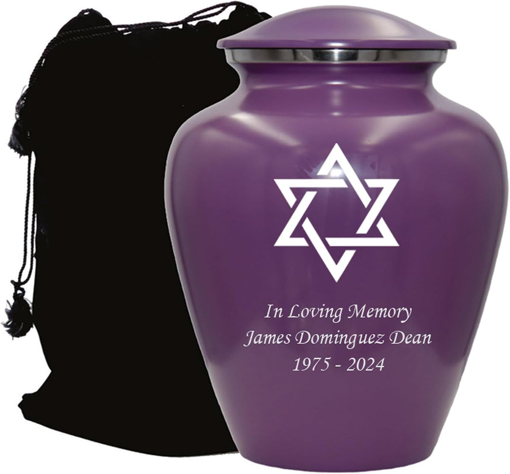 Star of David Blue Cremation Urn for Human Ashes, Jewish Cremation Urn, Religious Ash Urns with Personalized Engraving (Purple)