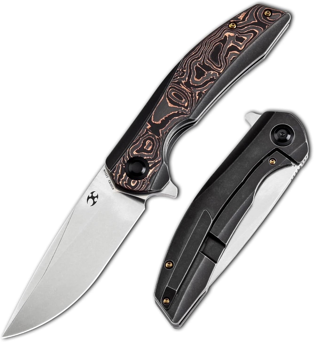 KANSEPT Accipiter Pocket Folding Knives EDC Camping Folding Knife 3.36'' Stonewashed CPM S35VN Blade with Titanium+Copper Carbon Fiber Handle Everyday Carry K1007E2